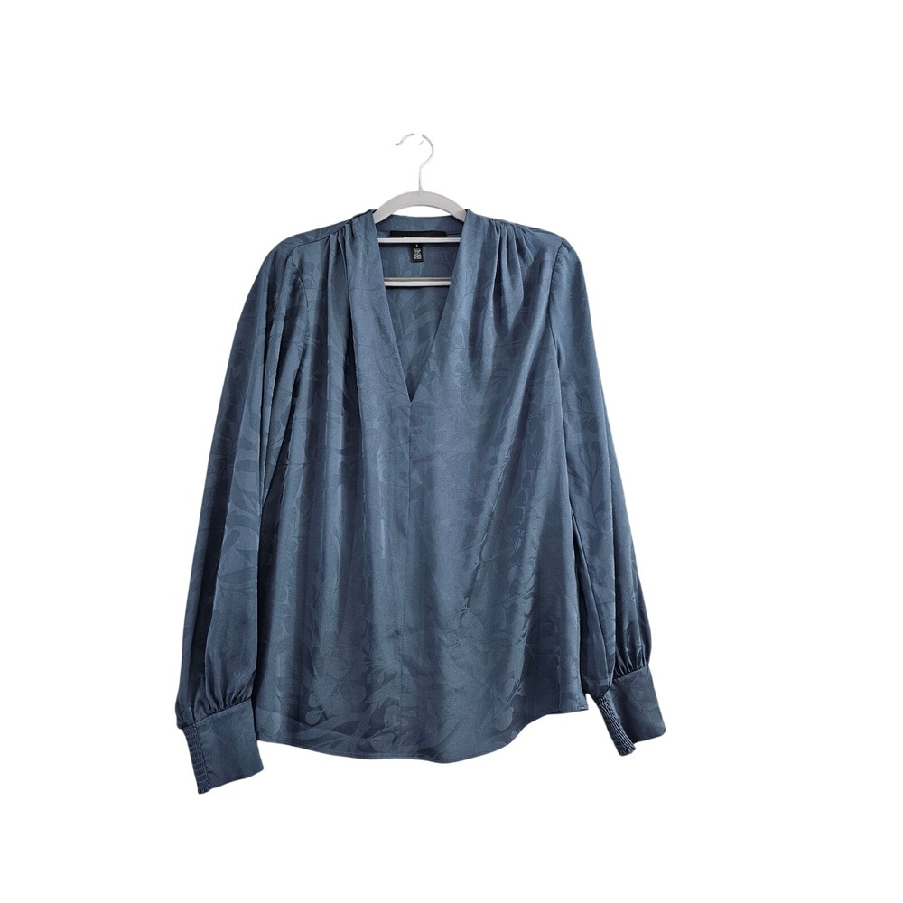 White House Black Market Blouse Small Blue Floral Jacquard V-Neck Boho Poppver